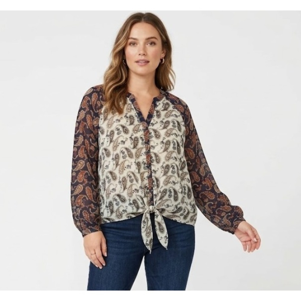 New Mystree Multi Color Paisley Tie Front Patchwork Boho Long Sleeve Top Large